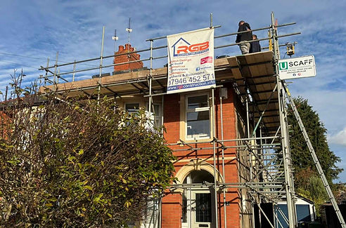 Residential house in Cardiff with RGB Construction scaffolding before building works are carried out after an insurance claim.