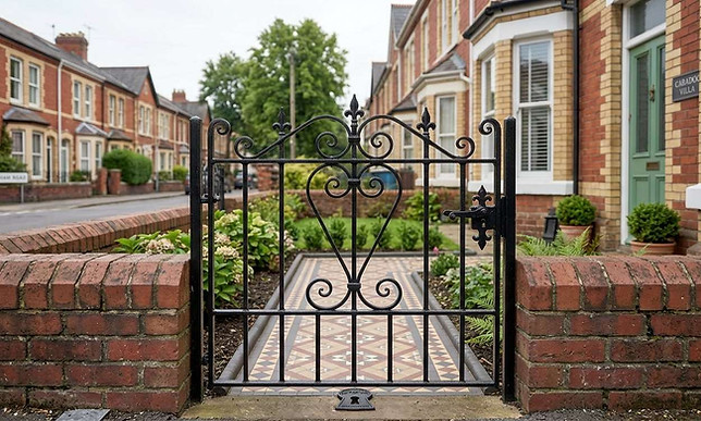 Waist-high decorative black wrought iron style garden scroll gate installed on a brick wall in Pontcanna, Cardiff.