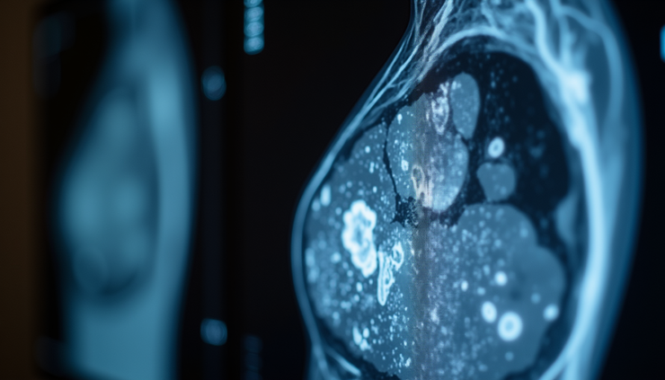 Close-up view of a mammogram image showing breast tissue