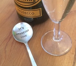 Vintage silver-plated spoon hand-stamped “It's Prosecco Time,” a charming gift and fun champagne accessory.