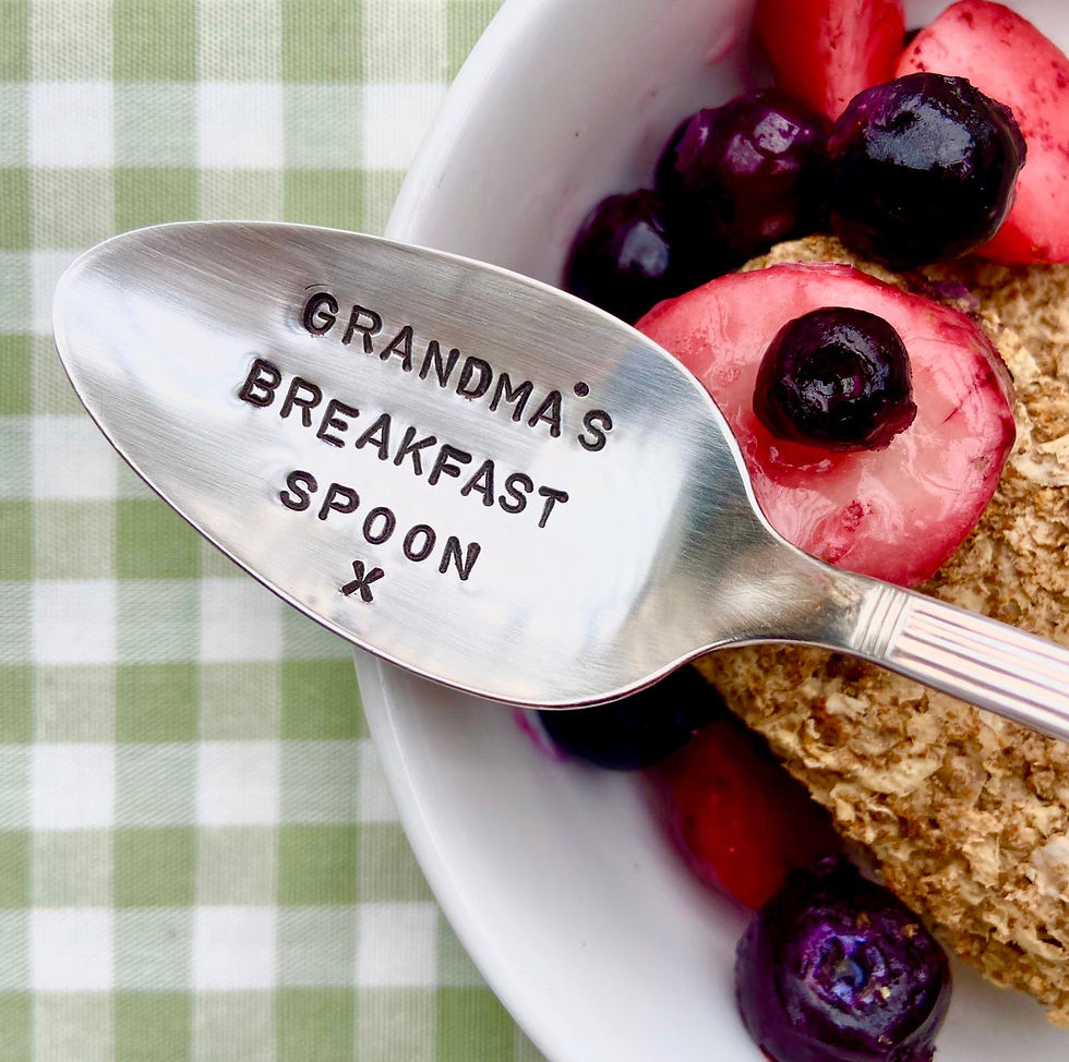 Vintage silver-plated dessert spoon hand-stamped with ‘Grandma's Breakfast Spoon’, finished with a tiny kiss.