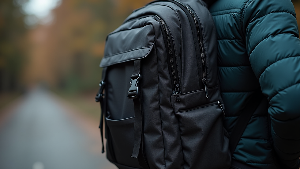 Close-up view of a durable black backpack with multiple compartments