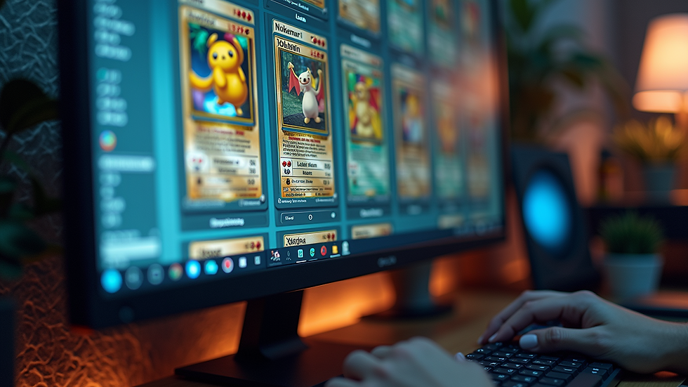 Eye-level view of a computer screen displaying an online Pokémon card marketplace