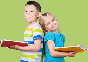 2 kids backing each other holding books and smiling