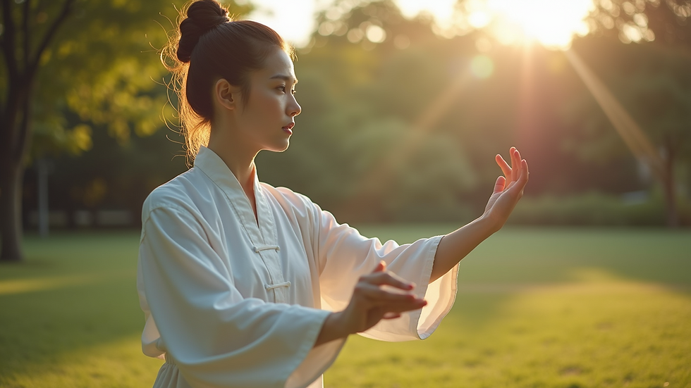 Close-up view of peaceful Tai Chi practice outdoors