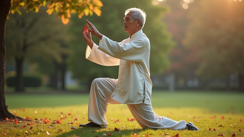 High angle view of a senior practicing Tai Chi in a park
