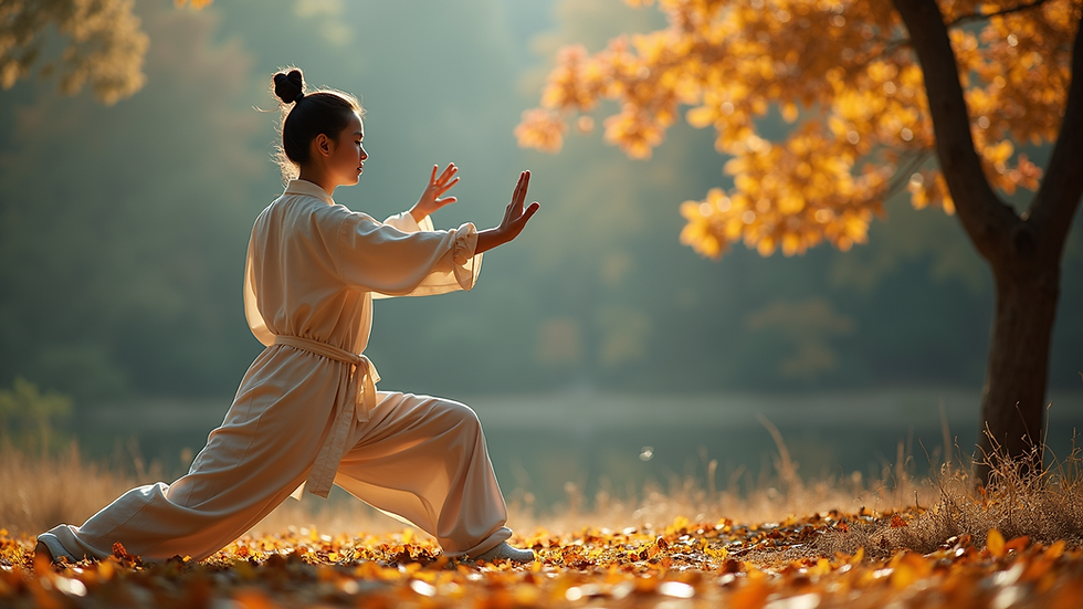 Wide angle view of a peaceful Tai Chi session in a natural setting