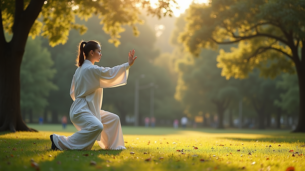 Eye-level view of tranquil Tai Chi practice in a quiet park