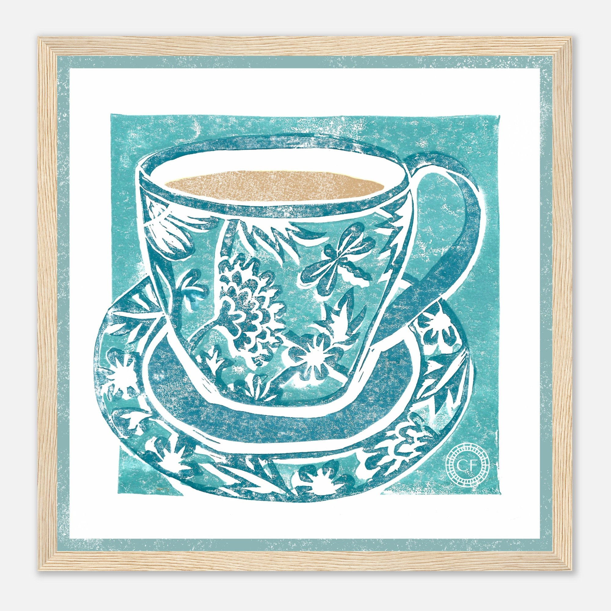 Tea Time Cup & Saucer Framed Poster | Lino Print Wall Art