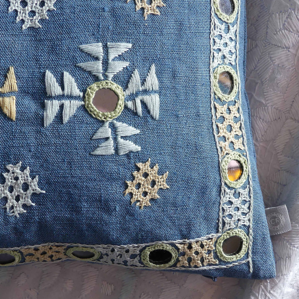 Thumbnail: Hand embroidered Indian linen mirror-work lumbar cushion in soft pastels