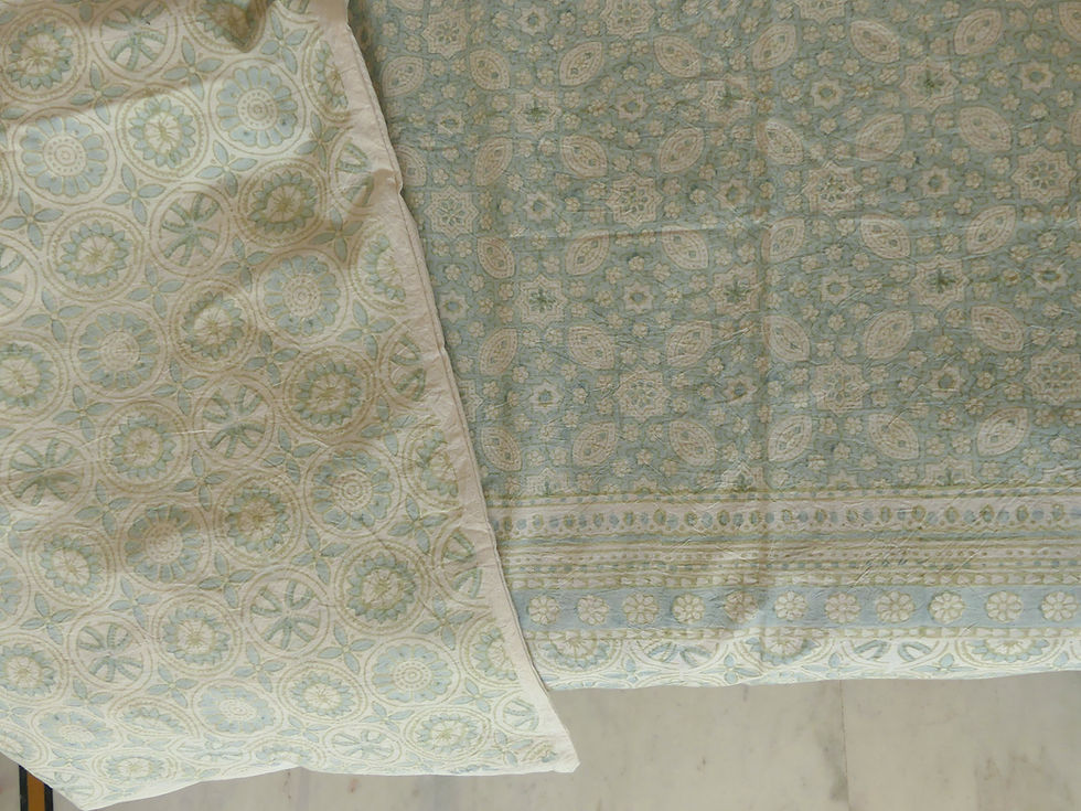 Thumbnail: Double Sided duvet cover set. Woodblock printed in palest powder blue and green