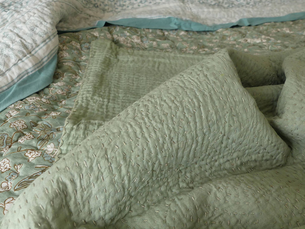 Thumbnail: Kantha hand stitched Pure cotton quilt throw in soft Sage