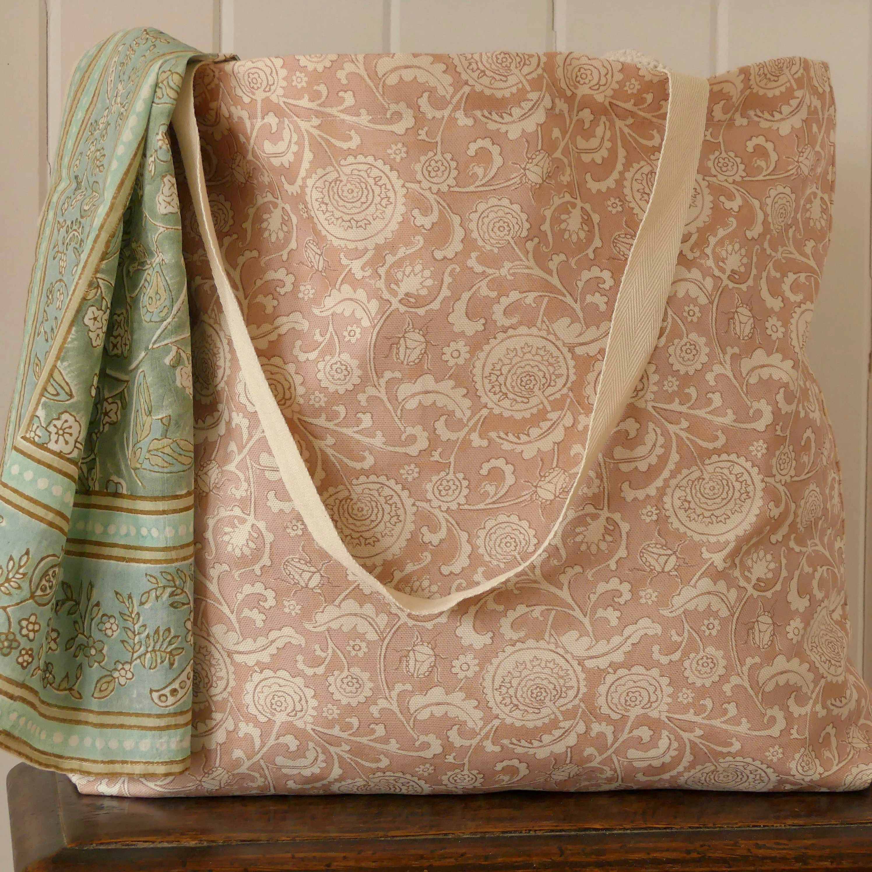 Organic cotton canvas tote shopping bag. Suzani Beetles in country rose