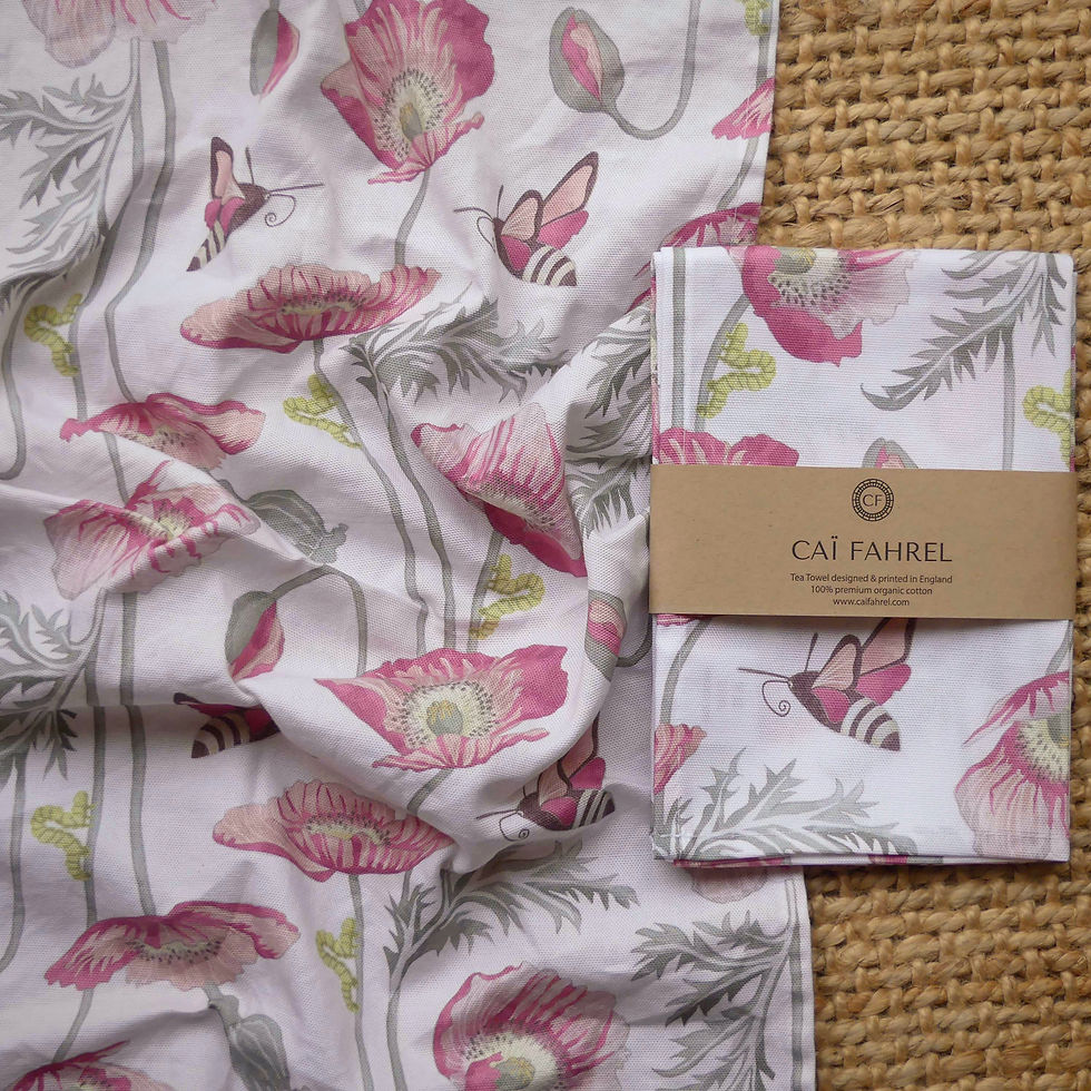 Pretty floral poppy tea towel and seagrass mat