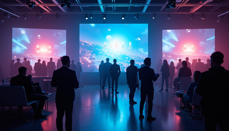 Eye-level view of a futuristic event space with interactive digital displays and ambient lighting