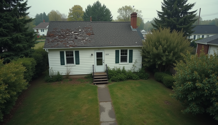 High angle view of a house with visible roof damage and overgrown yard