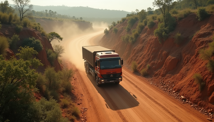 High angle view of a cargo truck navigating a rugged road in the DRC mining region