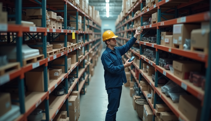 High angle view of warehouse worker scanning barcodes on spare parts shelves