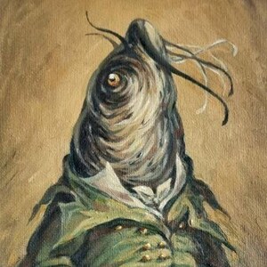 Catfish in an 18th-century suit poses against a brown background, invoking a whimsical, surreal mood with detailed textures and colors.