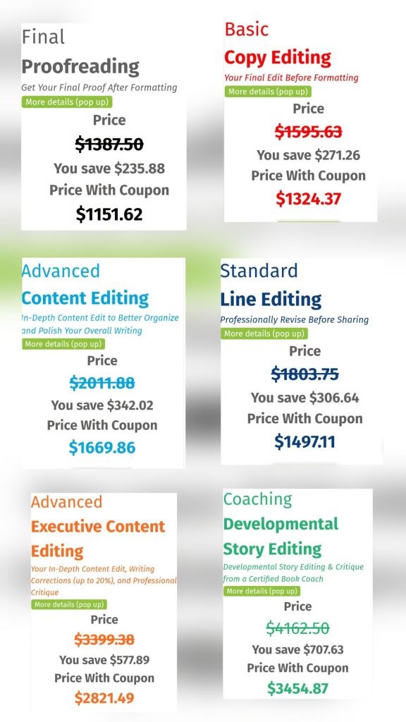 Pricing chart for editing services, including Proofreading, Copy Editing, Content Editing, Line Editing, and more, with savings and coupon prices.