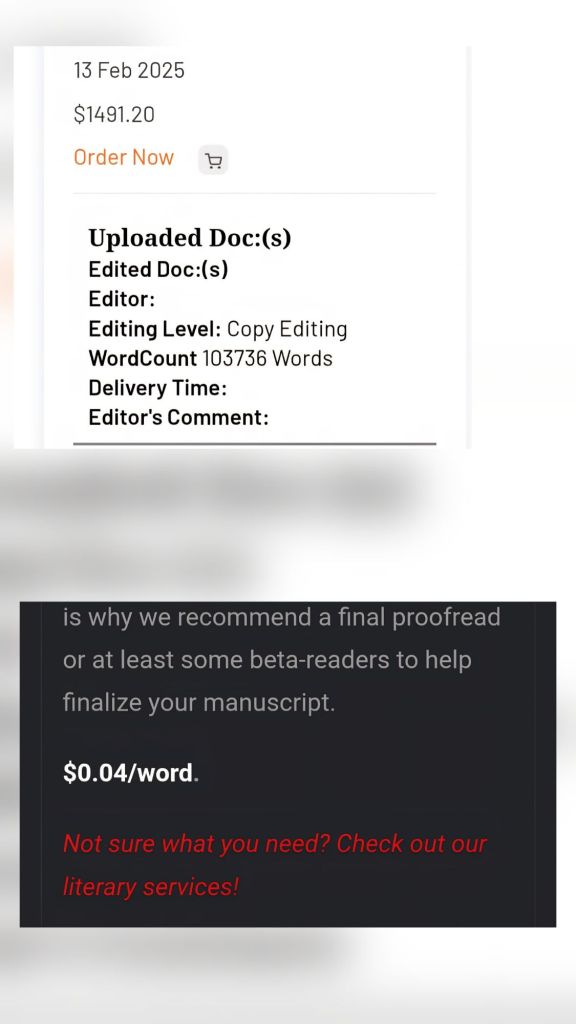 Document editing details: price $1491.20 for copy editing 103736 words. Delivery date: 13 Feb 2025. Suggests final proofreading.