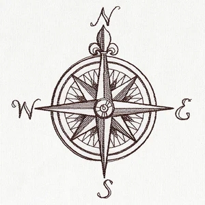 A vintage-style compass rose with labeled directions N, S, E, W. Intricate design in brown on a white background.