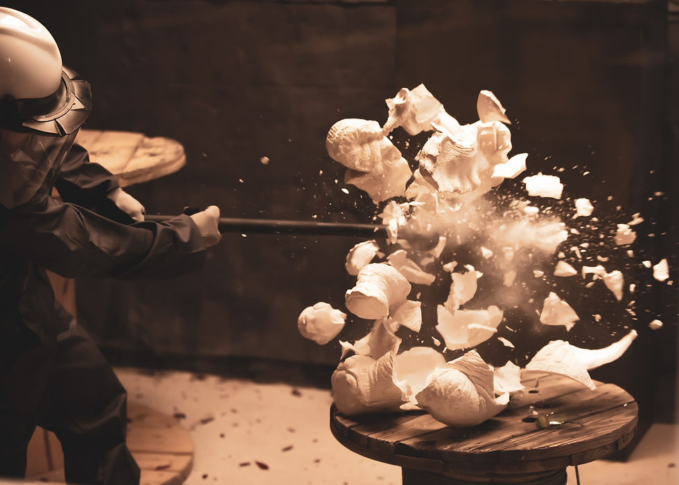 Close-up view of a smashed item in a rage room