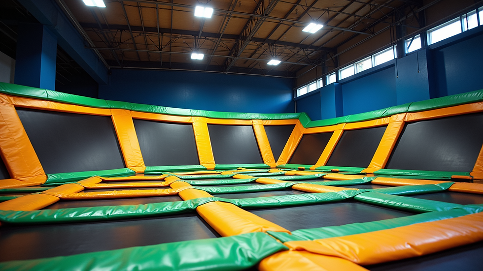 High angle view of colorful indoor trampoline park