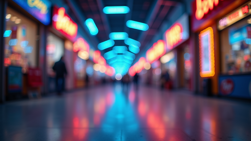 Eye-level view of a modern indoor arcade with colorful lights