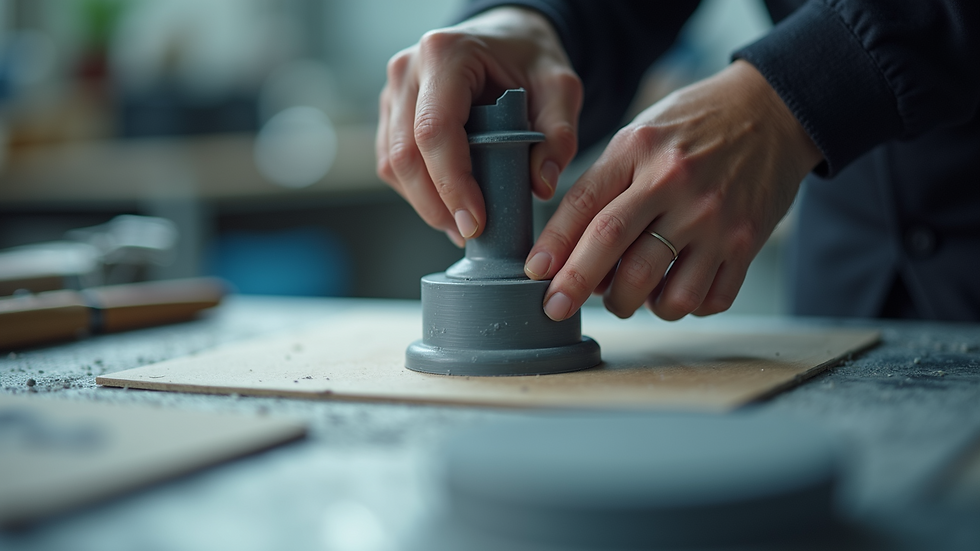 Eye-level view of a 3D printed model being sanded on a workbench
