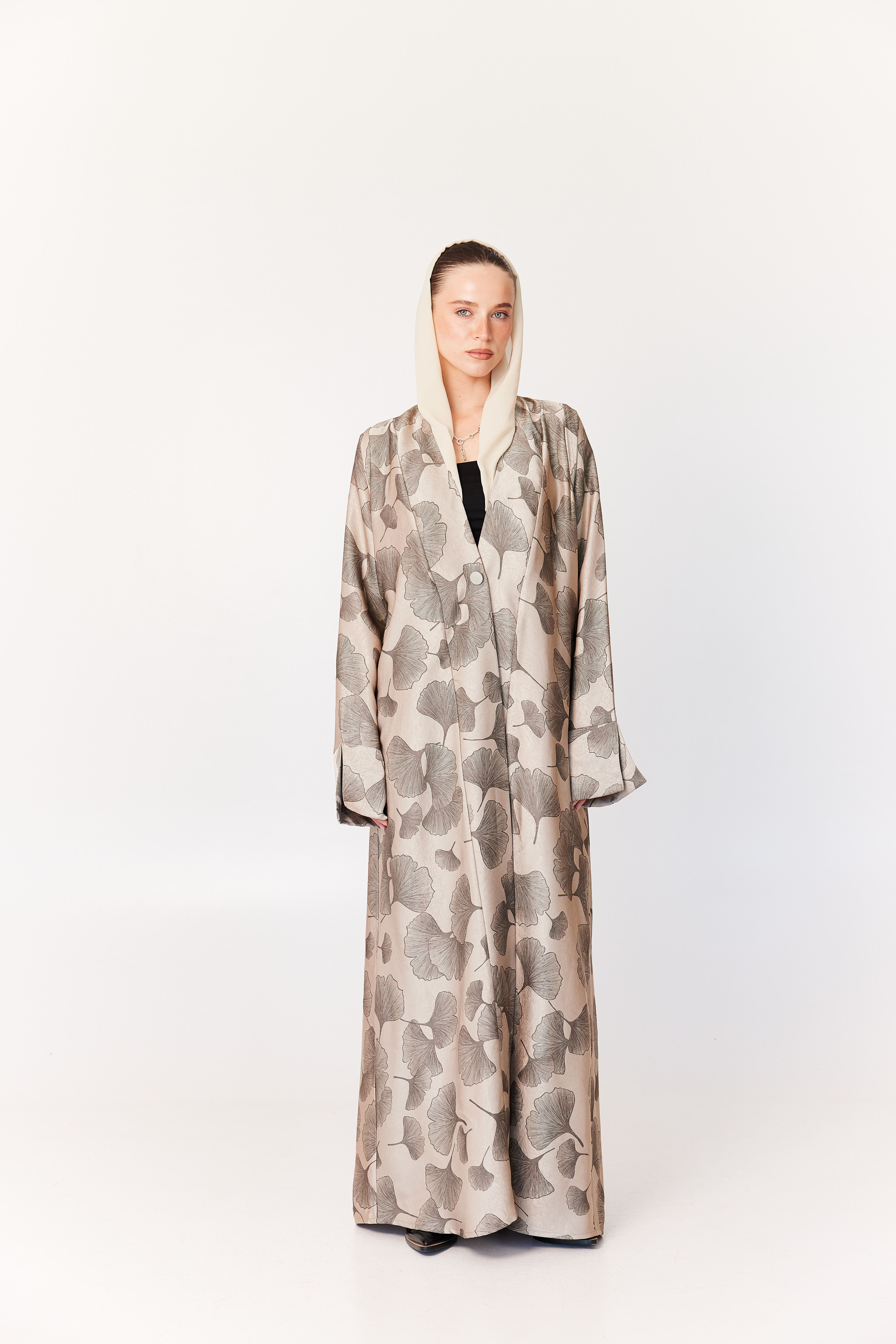 Cream botanical-inspired print abaya
