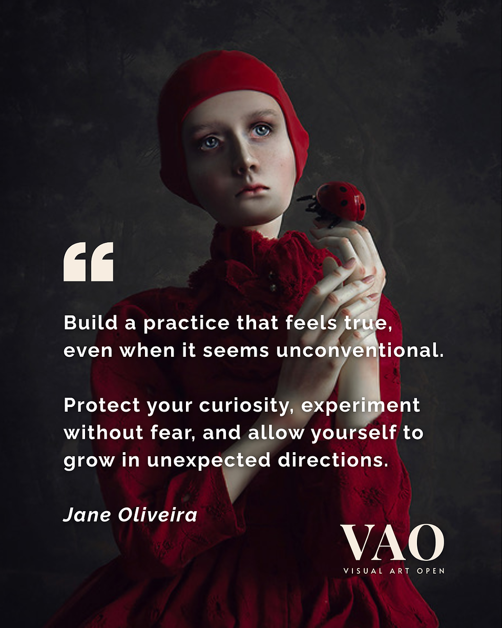 Woman in red dress and cap holds a ladybug against a dark background with a quote and VAO logo, looking pensive.
