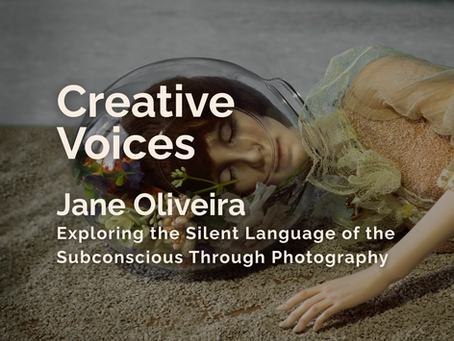 Photograph of Sleeping Ball-Jointed Doll in a clear orb on a beach, with text Creative Voices and Jane Oliveira.
