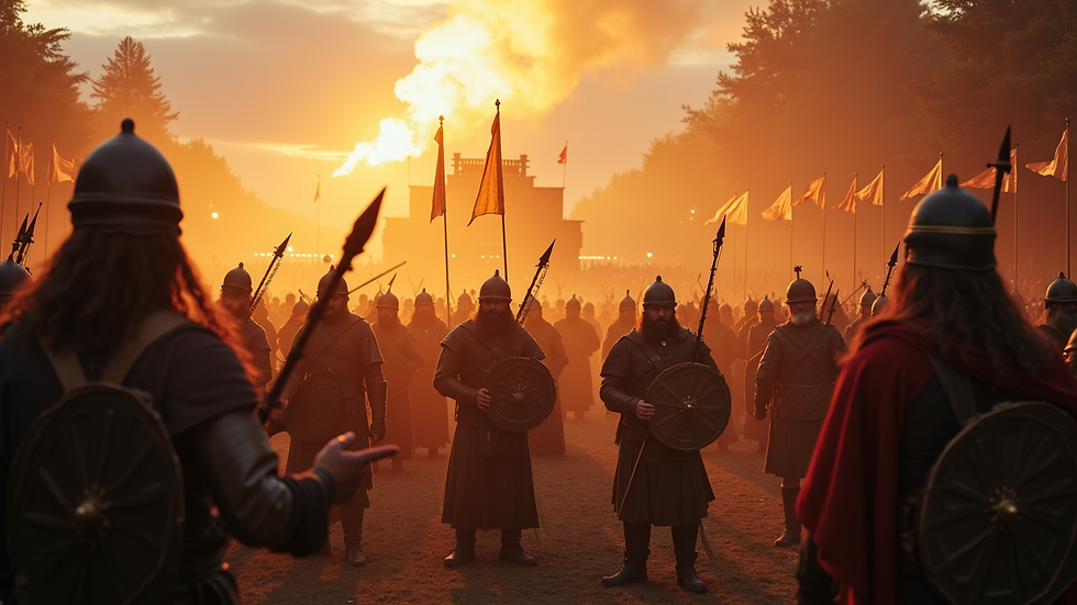 Vista panorâmica de um festival medieval ao ar livre com músicos tocando instrumentos vikings