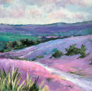 Acrylic painting of purple flower fields and green hills