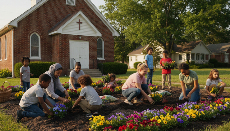 Eye-level view of children and adults planting flowers outside a church building.