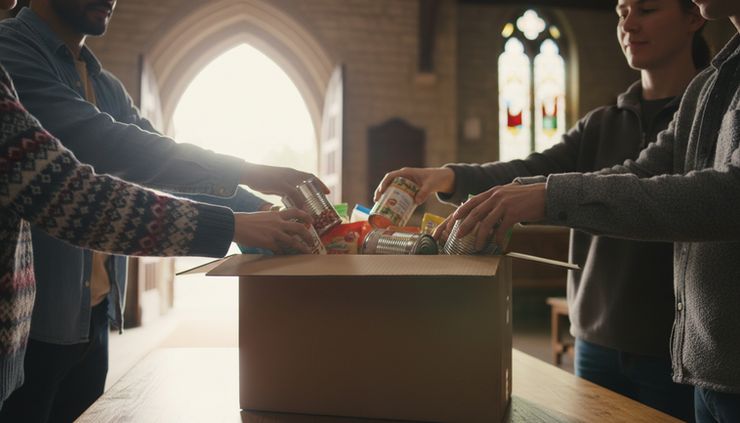 Close-up view of hands placing canned food into a donation box at a church entryway.