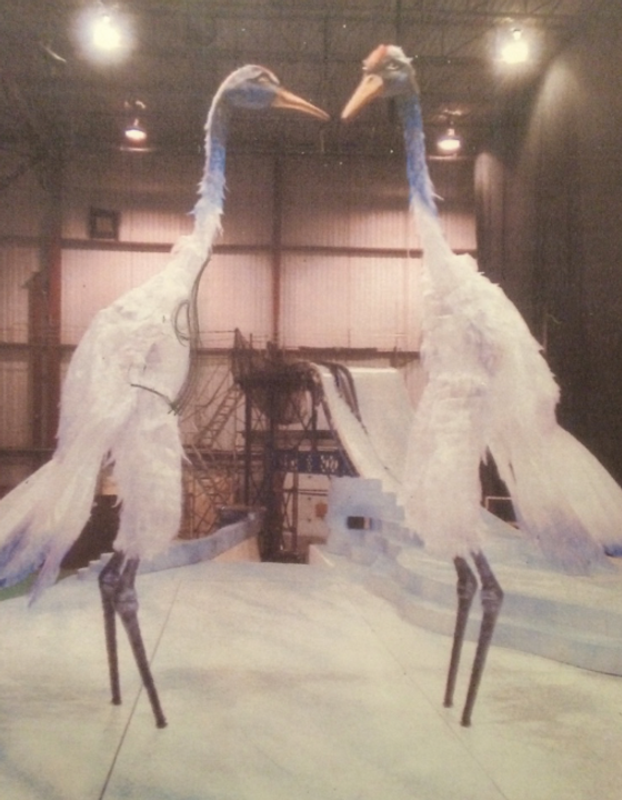 Giant articulated birds in the workshop