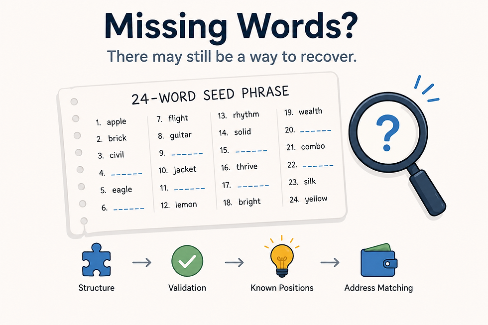 Infographic about recovering missing words in a 24-word seed phrase, with a magnifying glass and steps: Structure, Validation, Known Positions, Address Matching