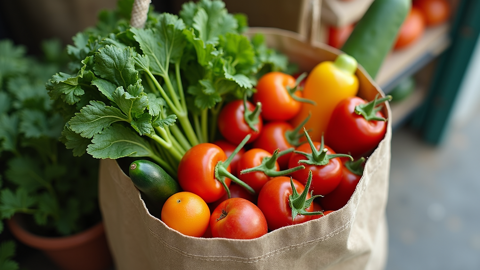 High angle view of a reusable shopping bag filled with fresh vegetables