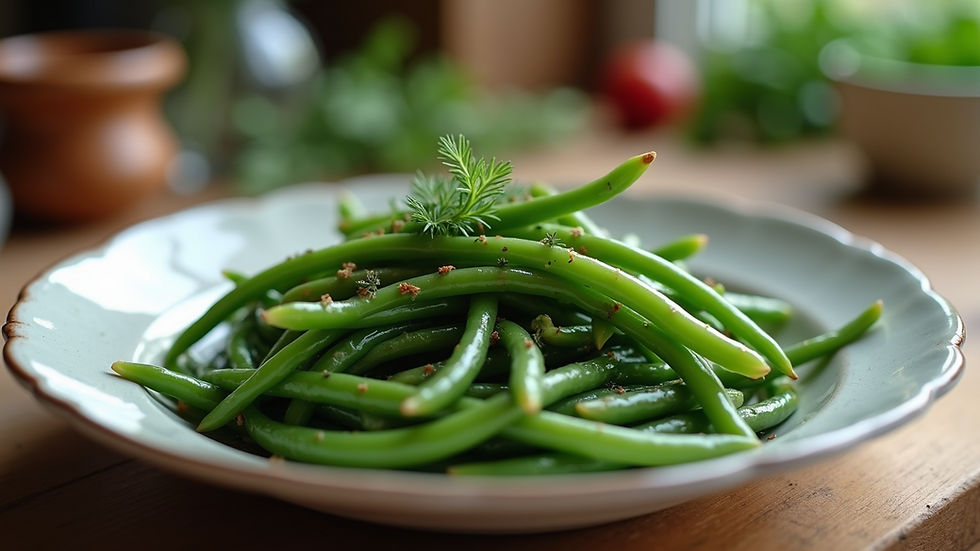 Eye-level view of a bowl of cooked green beans with herbs