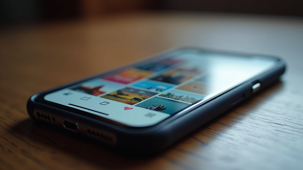 Eye-level view of a smartphone displaying a vibrant social media feed with colorful posts