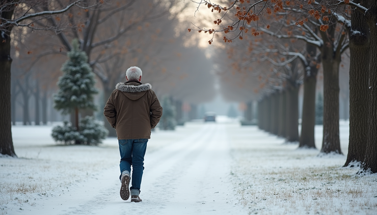 High angle view of a senior enjoying a winter walk in a Brazos Valley park