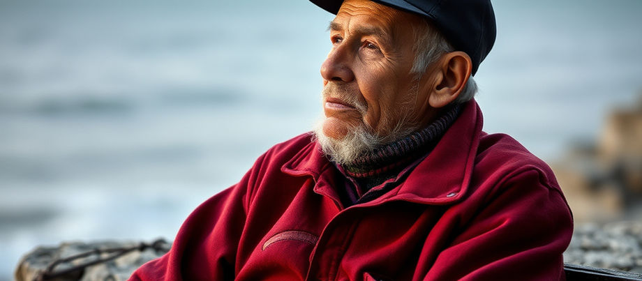 An elderly man in a red jacket and black cap peacefully gazes out at the ocean from a seaside bench, embraced by the tranquil ambiance of an overcast sky.