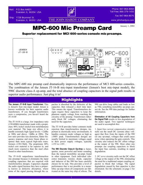 Thumbnail: John Hardy MPC-600 Mic Preamp Card: Superior Replacement for MCI 600-Series Pr