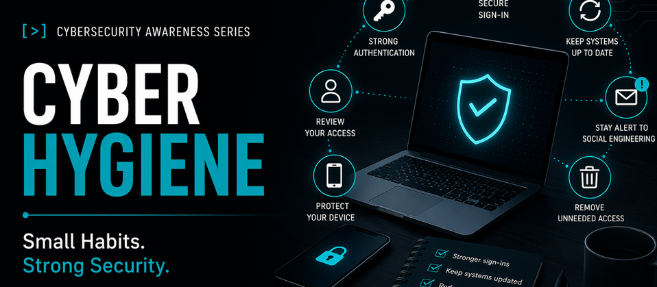Illustration representing cyber hygiene, showing key cybersecurity habits such as strong authentication, keeping systems updated, and awareness of social engineering threats.
