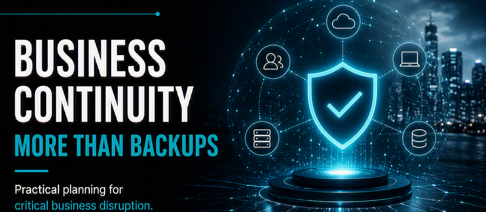 A graphic promoting a blog post on business continuity, highlighting that organisational resilience extends beyond backups, to managing broader business risks and disruptions.