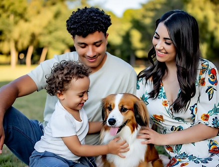 Family sitting together, petting a dog on a blanket in the park.