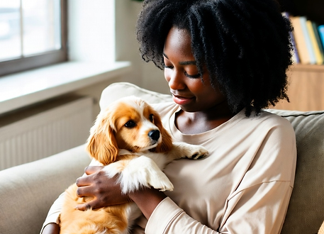 Young woman cuddles her puppy at home near a sunny window.