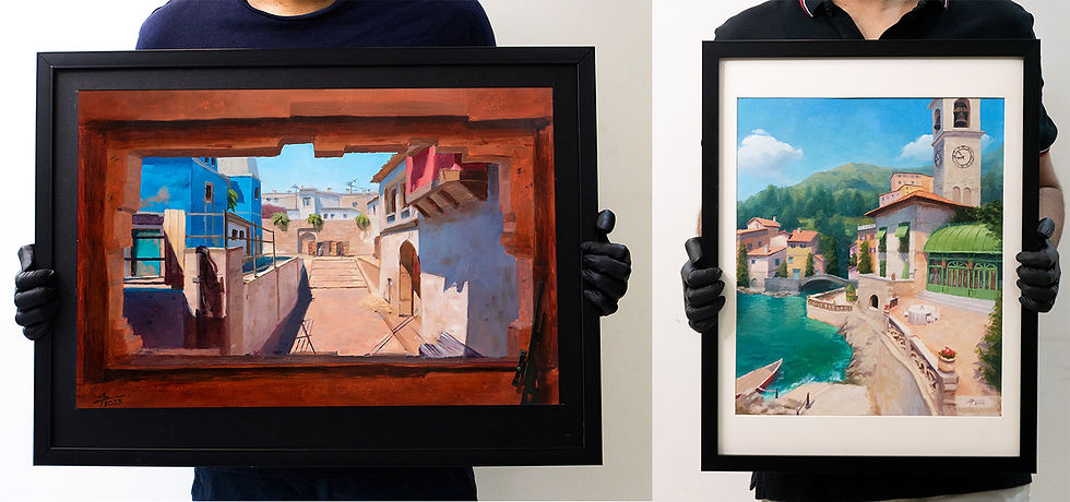 a couple of my paintings framed in modern style frames